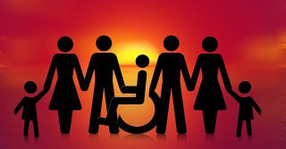 Graphic of icons of men and women holding hands, one of them is in a wheelchair