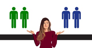Graphic of a woman deciding between 2 options: Green icon of 2 men or blue icon of 2 men