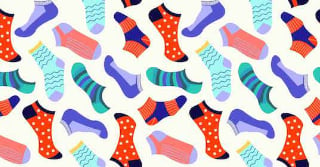 Graphic of many different sock that do not match, the symbol of down syndrome 