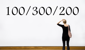 Woman Questioning in front of a wall that shows 100/300/200