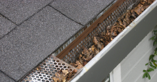 View of a gutter that is filled with leaves and debris 