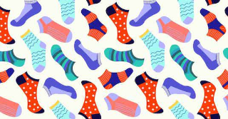 Graphic of many different sock that do not match, the symbol of down syndrome 