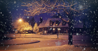 snow gently falling in an upscale subdivision at night